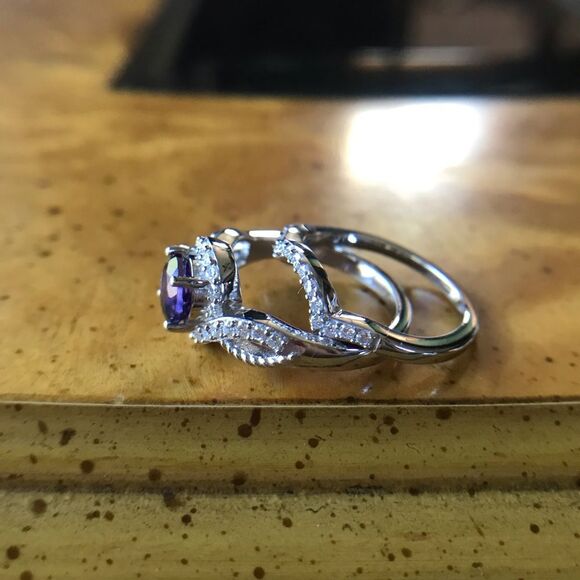 Natural Amethyst Moissanite Sterling Silver Ring Set Size 5 - Picture 4 of 8